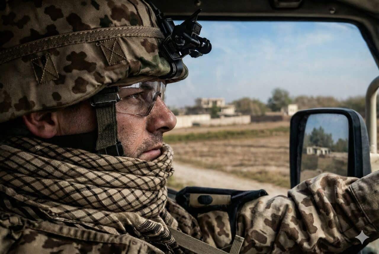 Bund Deutscher Veteranen: Soldat in Tarnuniform und Helm fährt konzentriert ein Fahrzeug, im Hintergrund ländliche Gebäude und Felder.