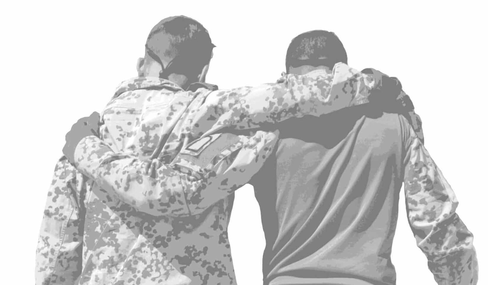 Zwei Veteranen in Tarnuniform stehen mit Armen umeinander von hinten, Symbol für Zusammenhalt im Bund Deutscher Veteranen.