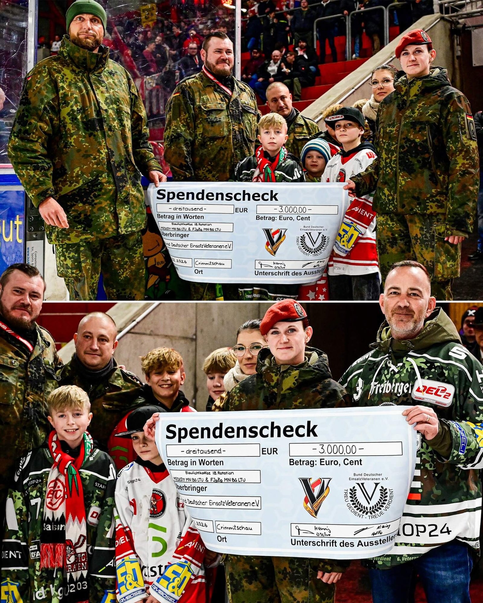 Eispiraten Crimmitschau 22.02.2026 2 Eispiraten mit Spendenscheck